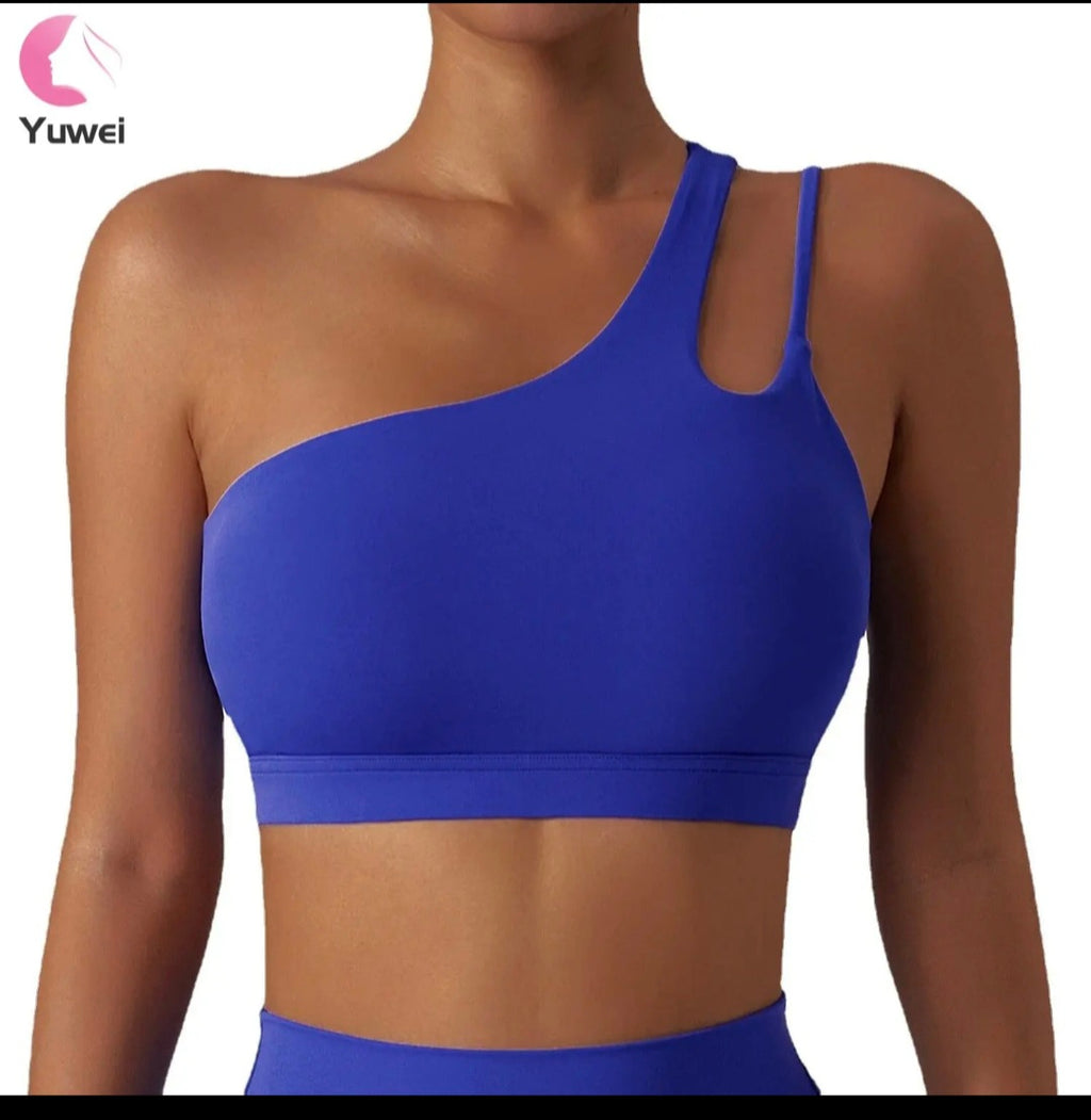 Sexy One-Shoulder Sports Bra – Breathable Yoga Top with Removable Padding