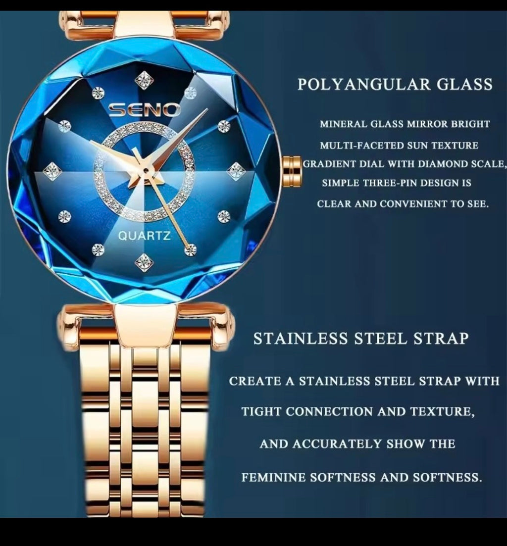 Seno Ocean Star Women Crystal Watch 2025 – Luxury Rose Gold Bracelet Watch for Ladies