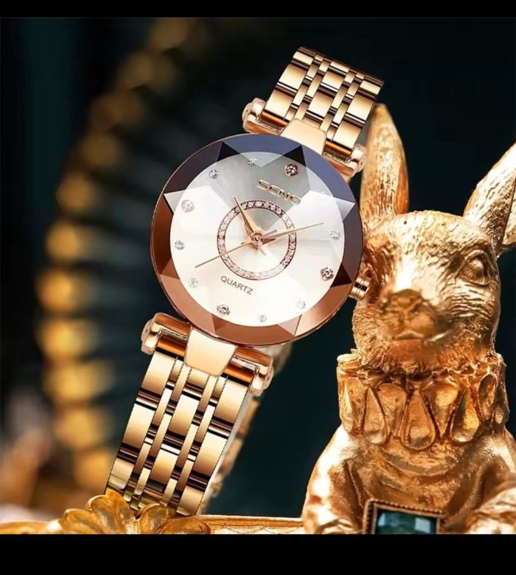 Seno Ocean Star Women Crystal Watch 2025 – Luxury Rose Gold Bracelet Watch for Ladies