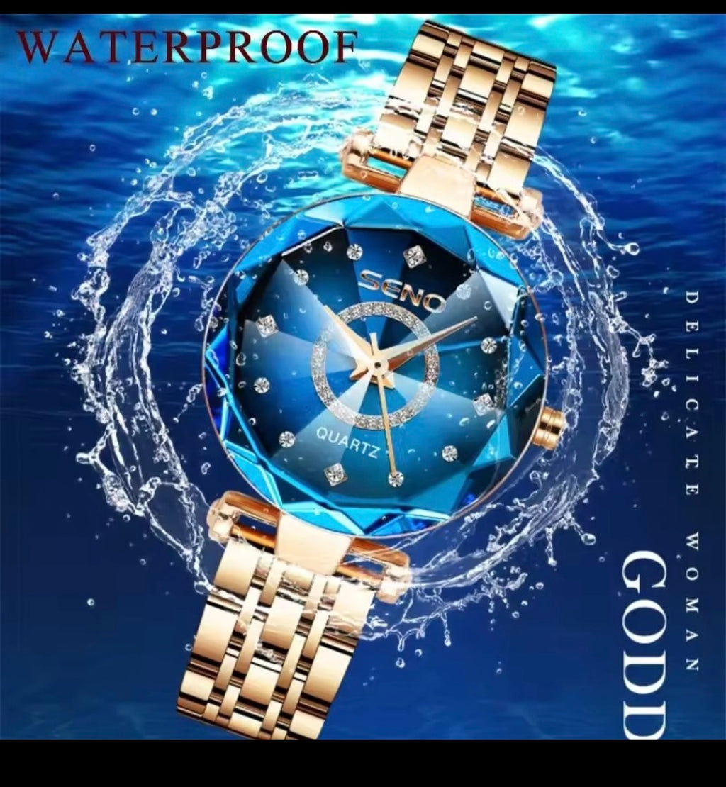 Seno Ocean Star Women Crystal Watch 2025 – Luxury Rose Gold Bracelet Watch for Ladies