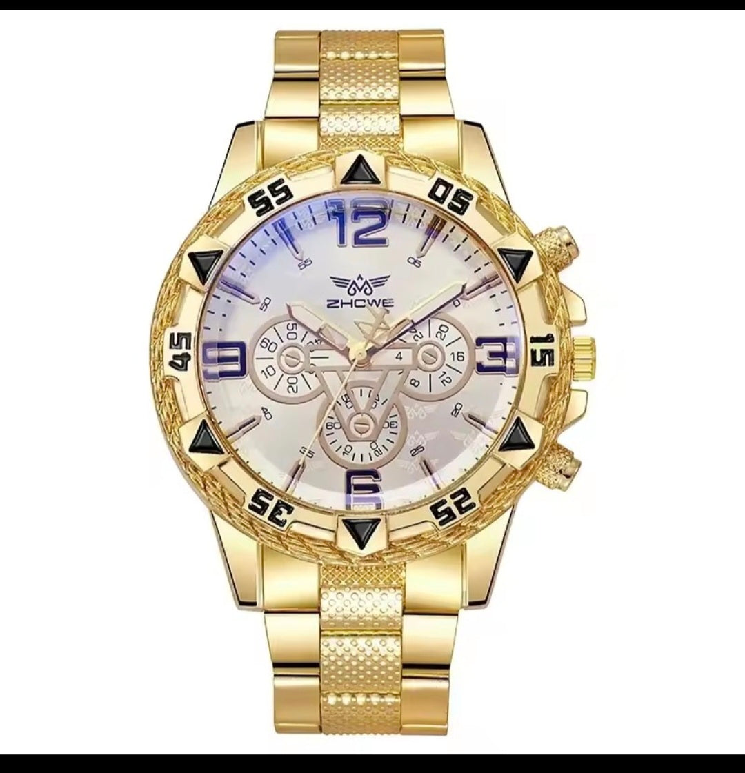 Luxury Men’s Quartz Watch – Classic Business Large Dial Alloy Steel Wristwatch with Blue Light Three-Eye Display
