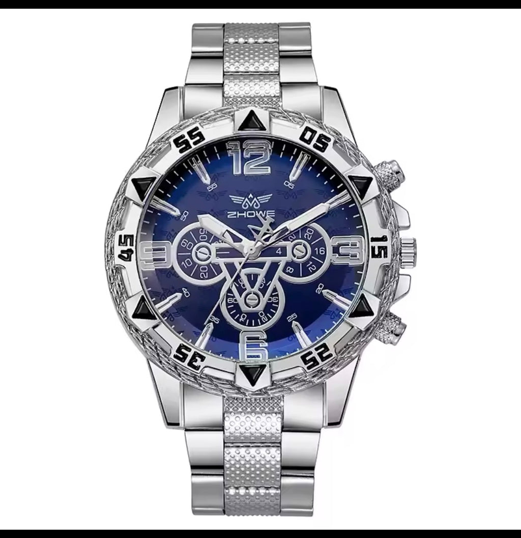 Luxury Men’s Quartz Watch – Classic Business Large Dial Alloy Steel Wristwatch with Blue Light Three-Eye Display