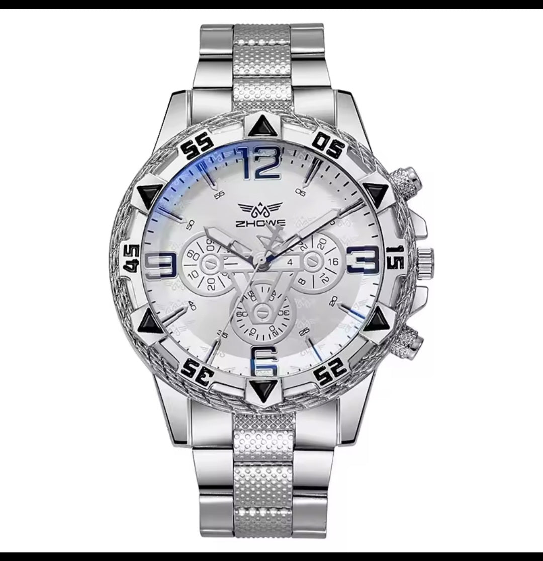 Luxury Men’s Quartz Watch – Classic Business Large Dial Alloy Steel Wristwatch with Blue Light Three-Eye Display