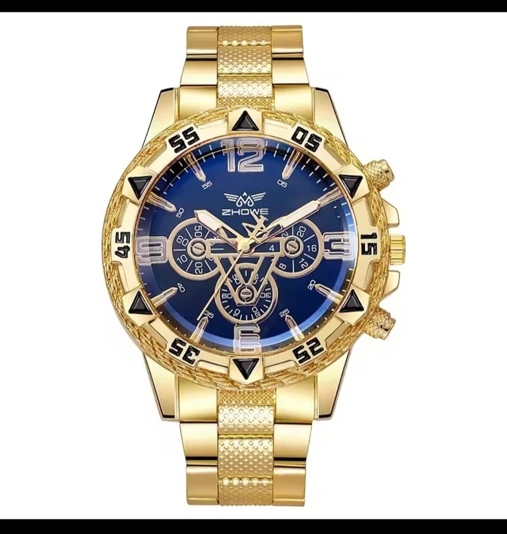 Luxury Men’s Quartz Watch – Classic Business Large Dial Alloy Steel Wristwatch with Blue Light Three-Eye Display