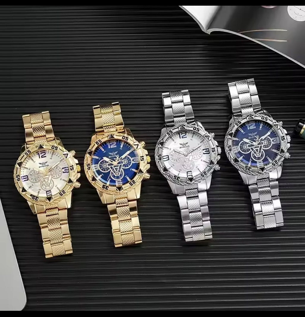 Luxury Men’s Quartz Watch – Classic Business Large Dial Alloy Steel Wristwatch with Blue Light Three-Eye Display