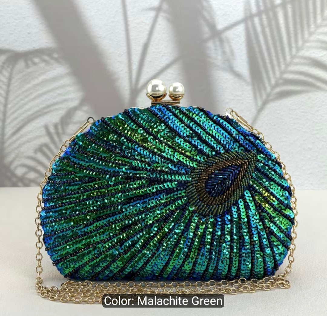 Color-Changing Shell-Shaped Sequins Evening Handbag with Studded Beads – Single-Strap Clutch for Women's Parties