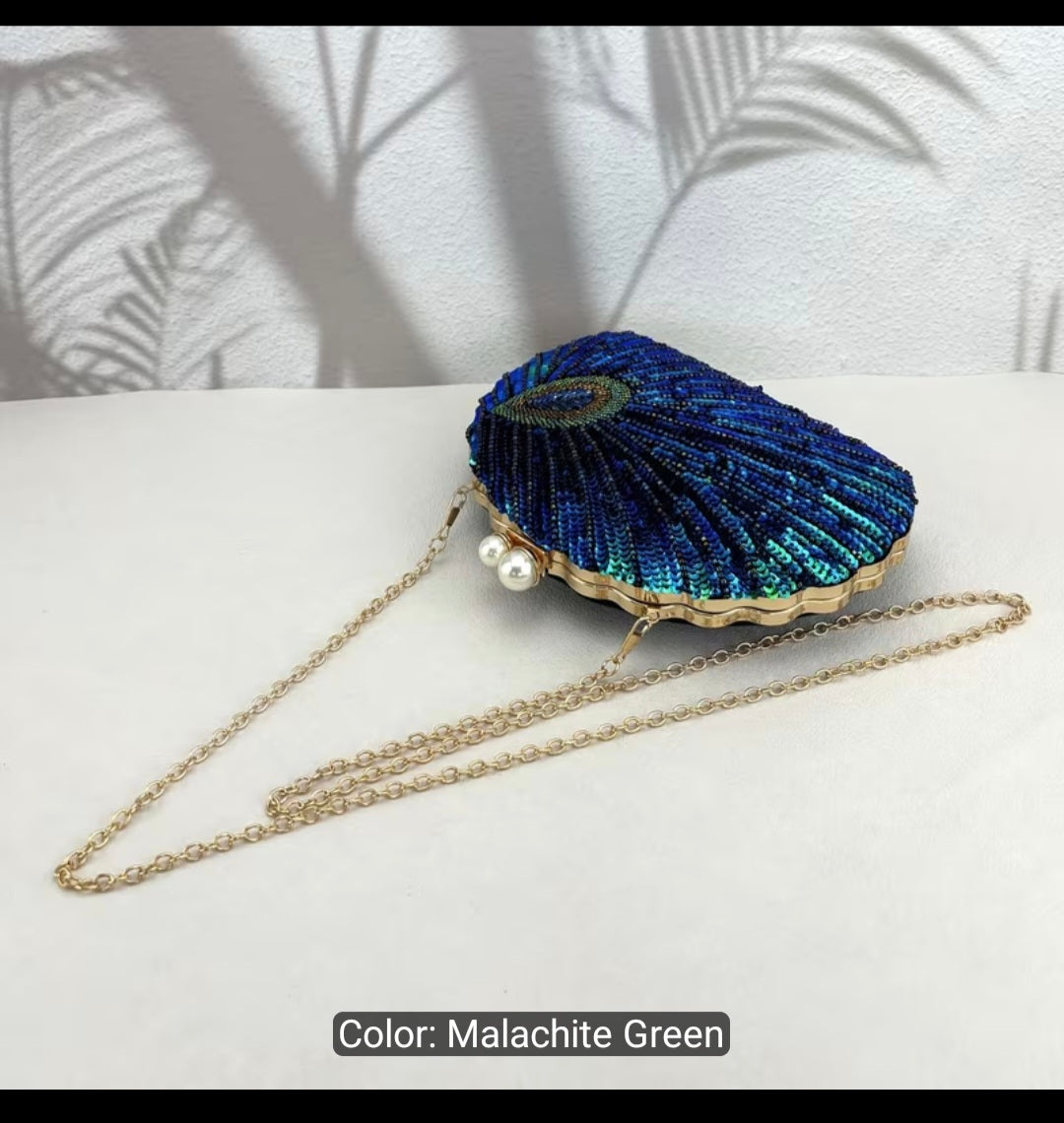Color-Changing Shell-Shaped Sequins Evening Handbag with Studded Beads – Single-Strap Clutch for Women's Parties