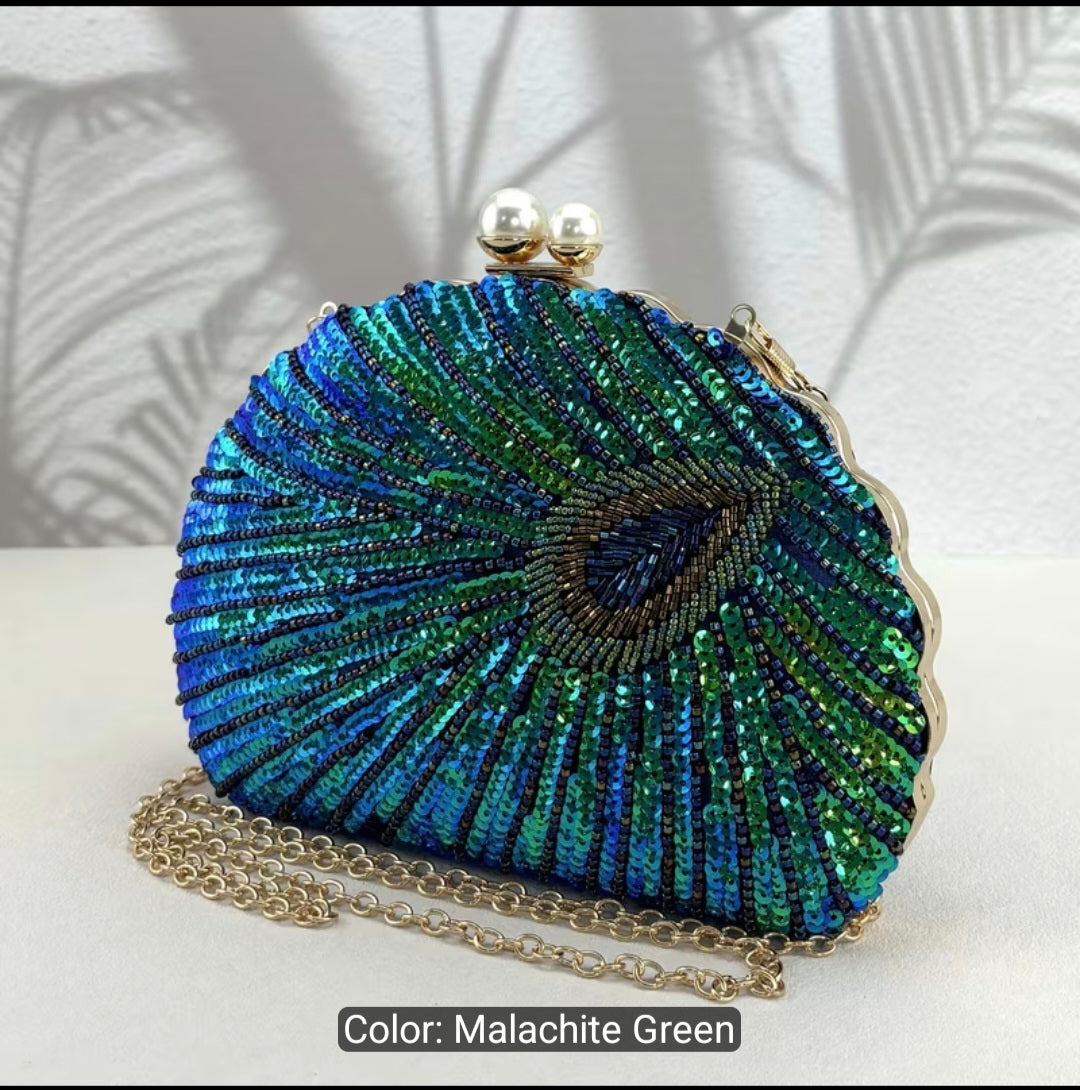 Color-Changing Shell-Shaped Sequins Evening Handbag with Studded Beads – Single-Strap Clutch for Women's Parties