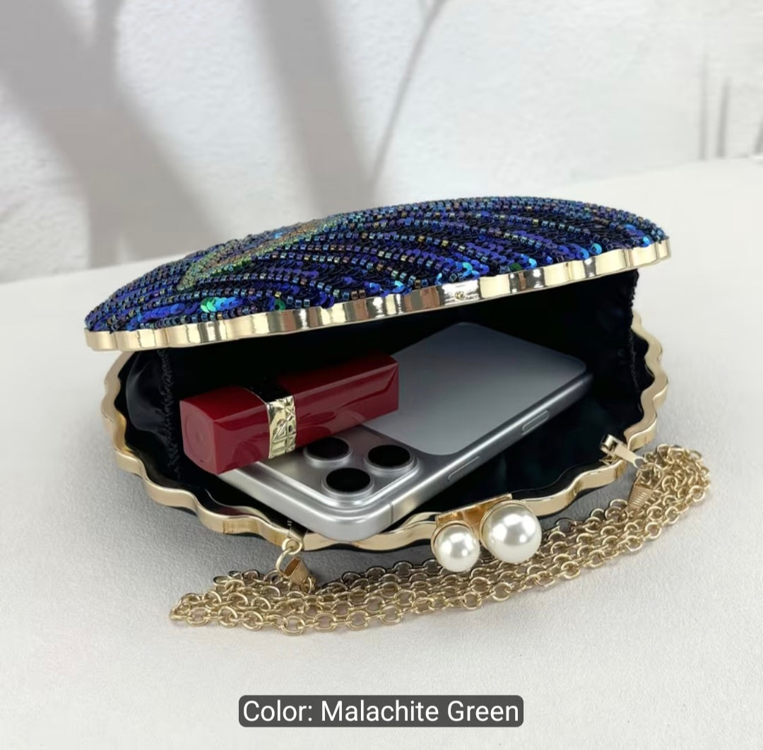 Color-Changing Shell-Shaped Sequins Evening Handbag with Studded Beads – Single-Strap Clutch for Women's Parties