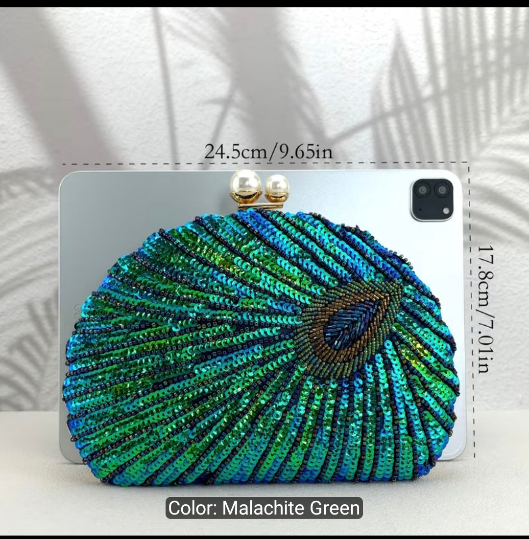 Color-Changing Shell-Shaped Sequins Evening Handbag with Studded Beads – Single-Strap Clutch for Women's Parties
