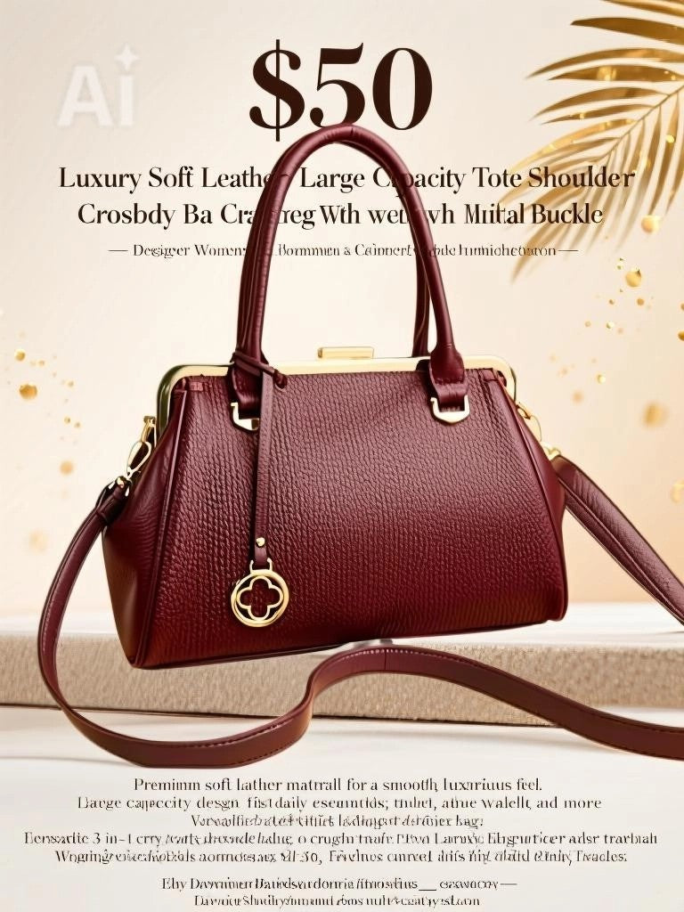 Luxury Soft Leather Large Capacity Tote Shoulder & Crossbody Bag with Metal Buckle – Designer Women’s Commuter Handbag